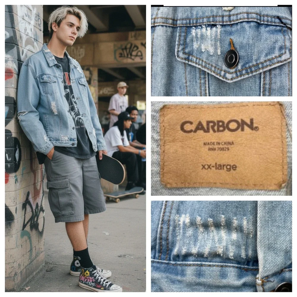 Carbon 2 Cobalt Distressed Denim Jean Jacket Men XXL‎ Trucker Blue Grunge Rugged